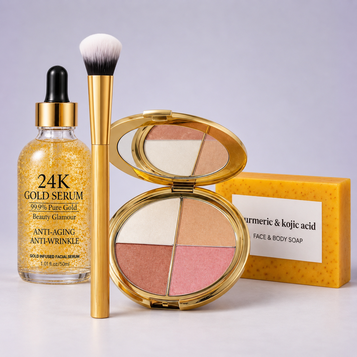 Glow Routine Set met 24K Gold Serum, Glow Luxe Palette en Kojic Glow Bar