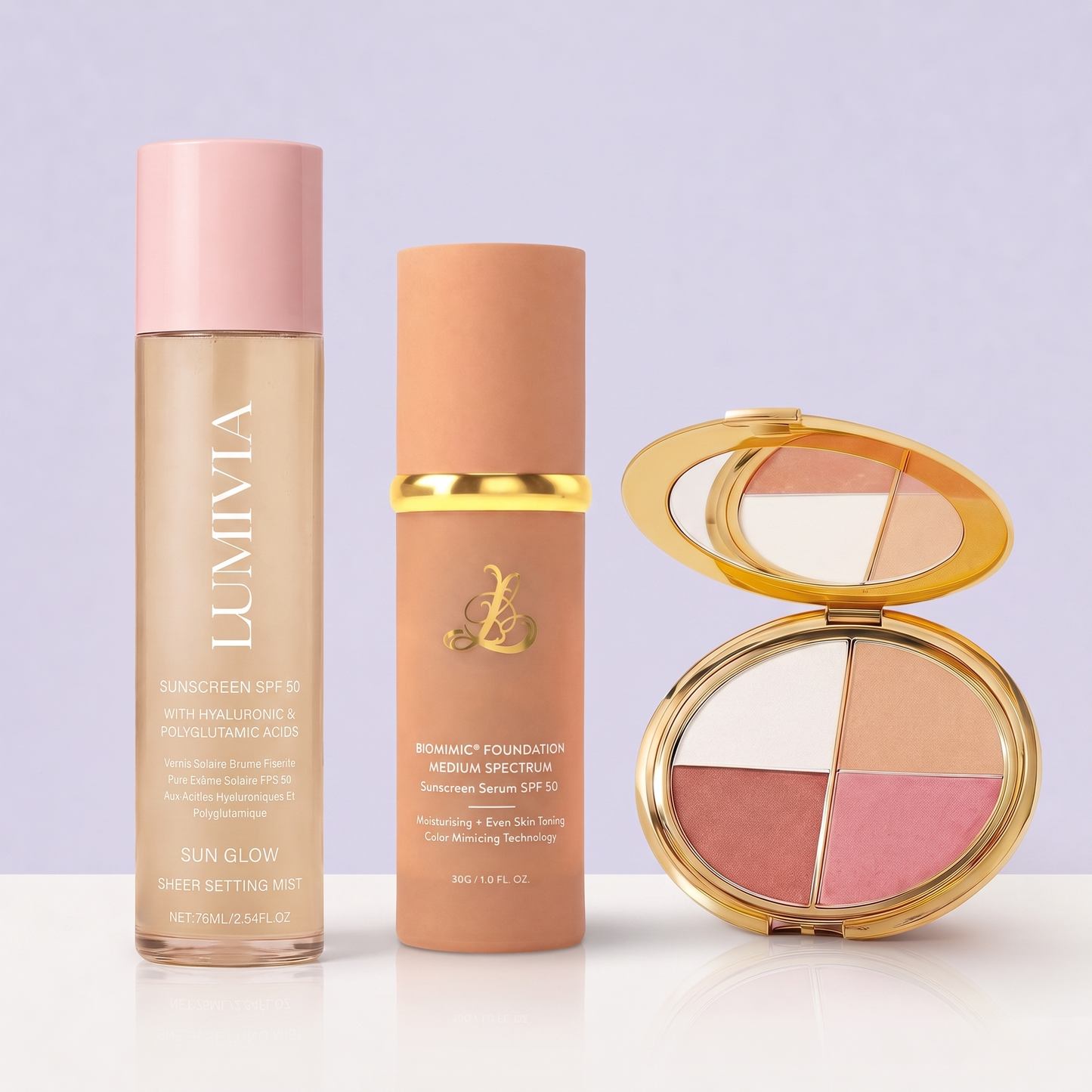 Lumivia Complete Glow Set met Adaptive Foundation SPF 50, Glow Luxe Palette en Sheer Protect Mist SPF 50