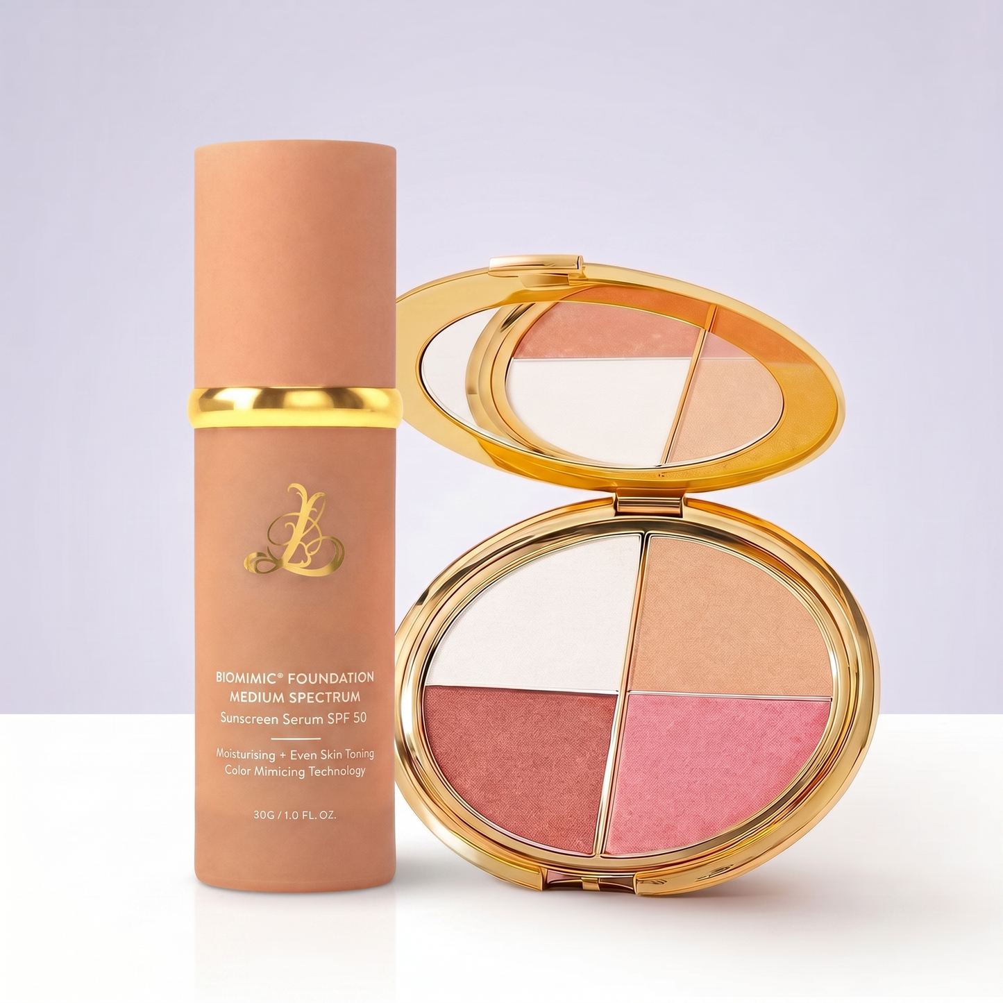 Lumivia Glow Duo — Adaptive Foundation SPF 50 en Glow Luxe Palette